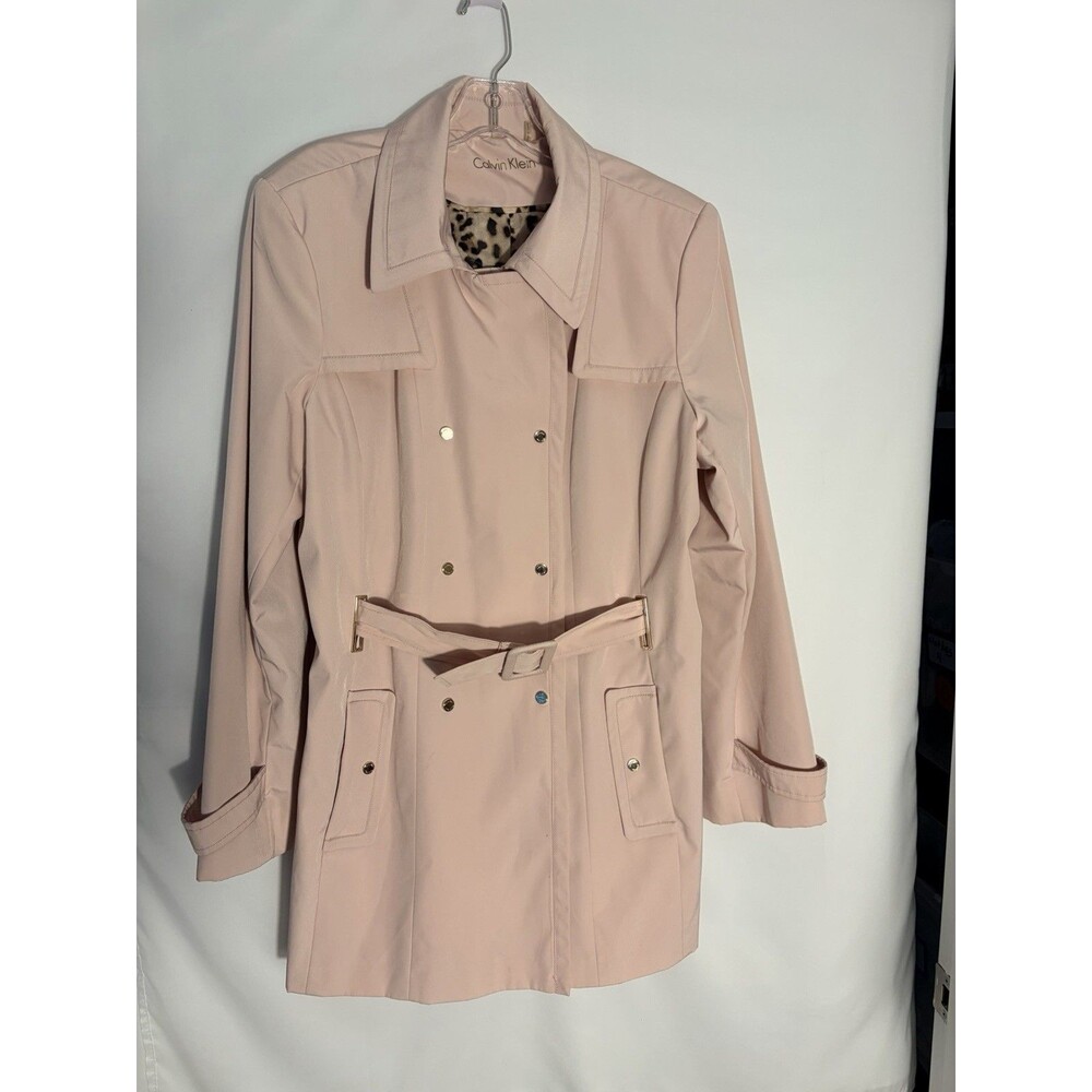 Calvin Klein Blush Pink Belted Trench Coat With Leopard Print Lining Sz XL